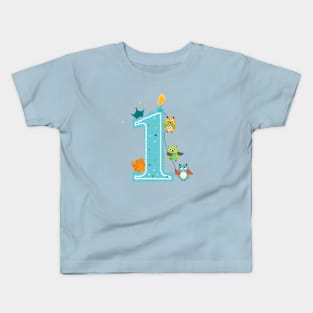 Happy first birthday with owls baby boy Kids T-Shirt